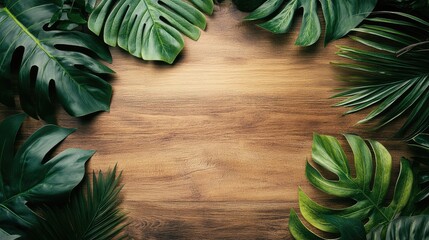 Poster - Serene Spa Setting with Lush Green Tropical Leaves Surrounding Natural Skincare Products on Rustic Wooden Surface for Wellness and Relaxation Concepts