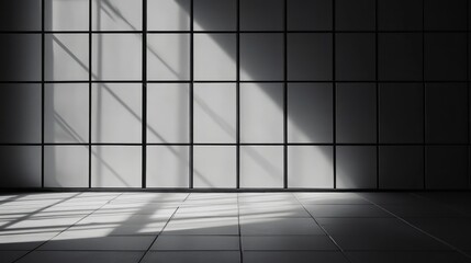 Poster - Empty storyboard mockup template with grid lines and soft shadow play on minimalist wall and floor background for creative projects