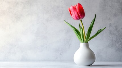 Aufkleber - Single pink tulip in minimalist white ceramic vase evoking serenity with soft lighting against a light grey background