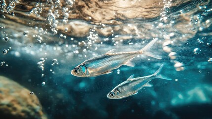Poster - Underwater silver fish swimming amidst bubbles and shimmering light in a serene aquatic environment