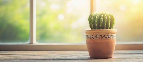 Poster - Small green cactus in decorative pot on rustic wooden table with sunlight shining through window creating a cozy home decor atmosphere