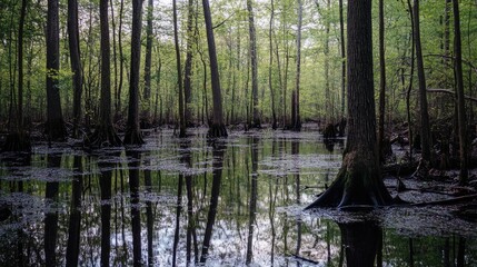 Poster - Cypress swamp landscape reflecting serene greenery and water in a tranquil natural reserve setting