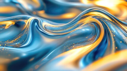 Aufkleber - Vibrant Flowing Liquid Textures with Blue and Gold Curves in a Fluid Motion