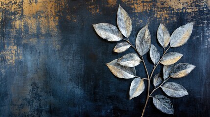 Poster - Silver leafed plant branch with detailed texture against a dark textured background showcasing elegant botanical aesthetics