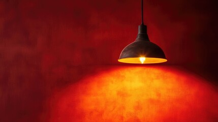 Poster - Vintage brown hanging lamp illuminating a vibrant red wall creating a warm and inviting ambiance in an interior setting.
