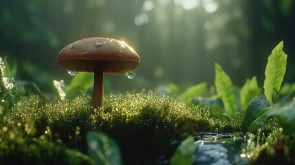 Poster - Mushroom with water droplet on cap surrounded by lush greenery in a forest symbolizing resilience and adaptability in nature