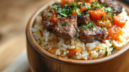 Poster - Savory Baked Rice Dish with Meat Tomatoes and Vegetables in Wooden Bowl Decorated with Fresh Herbs