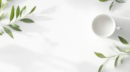 Poster - Minimalist mockup featuring a white table with plant leaves and an empty cup under soft natural lighting for design presentations.