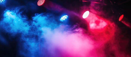 Aufkleber - Defocused blue LED light panel illuminated by red and blue neon lights in a smoky dark room, ideal for fashion and beauty product placement with empty copy space.