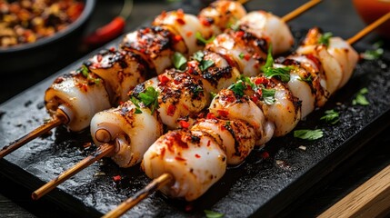 Poster - Grilled Squid Skewers with Chilies Garnished with Fresh Herbs Delicious Seafood Appetizer Ready to Savor in a Gourmet Presentation