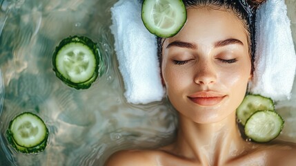 Poster - Relaxing Spa Treatment with Cucumber Slices and Soft Towels in Serene Water, Promoting Healthy Skin and Tranquil Wellbeing Atmosphere