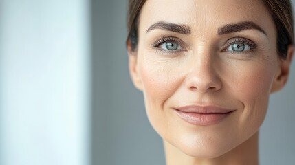 Poster - Close-up of a woman with glowing skin after fractional CO2 laser treatment in bright natural light, emphasizing smooth texture and youthful appearance.