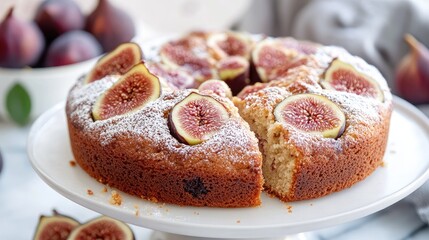 Poster - Delicious Fig Cake Garnished with Fresh Figs and Dusting of Powdered Sugar on Elegant Display