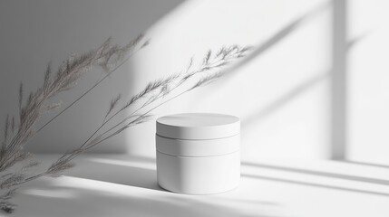 Aufkleber - Minimalist Skincare Display with Elegant White Cosmetic Containers Illuminated by Soft Natural Light and Subtle Shadow Play in Modern Setting