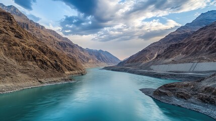 Poster - Sinuous river winding through majestic mountains under a dramatic sky in a pristine natural landscape