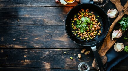Aufkleber - Freshly Roasted Pistachios in a Black Skillet Surrounded by Herbs and Spices on a Rustic Wooden Table with Dark Textures and Natural Elements