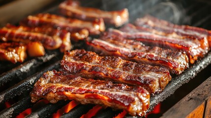 Poster - Appetizing strips of bacon and juicy steak sizzling on a smoky barbecue grill creating a flavorful and inviting cooking scene