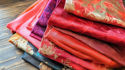 Poster - Silk fabric samples in various shades of red showcasing luxurious textures and intricate patterns on a wooden background