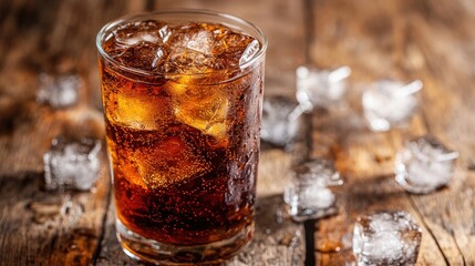 Poster - Refreshing soft drink with ice cubes in a glass on rustic wooden table ideal for summer beverage advertisements and social media content