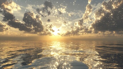 Poster - Serene Ocean Horizon at Sunset with Soft Glows of Silver and Gold Illuminating Clouds and Reflecting on Calm Water Surface