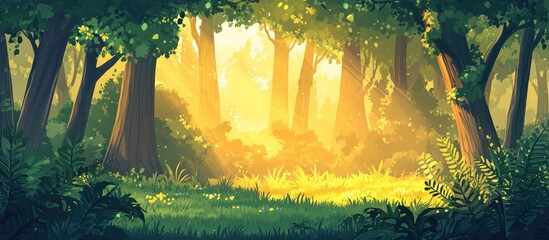 Poster - Lush green forest scene in spring with warm golden morning light creating a serene atmosphere ideal for nature-themed designs and text placement