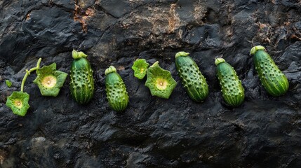Aufkleber - Fresh cucumbers with unique textures arranged on a dark stone surface showcasing their vibrant green color and organic shapes