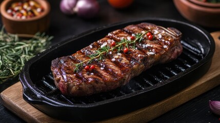 Poster - Grilled ribeye steak with herbs served on a sizzling platter with fresh vegetables and spices in a rustic kitchen setting