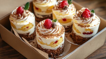 Poster - Gourmet trifle cakes elegantly arranged in a gift box on a rustic wooden background showcasing vibrant layers and fresh raspberries.