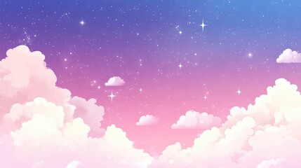 Aufkleber - Soft Pink and Blue Gradient Sky with Fluffy White Clouds and Shining Stars in a Dreamy Atmosphere Ideal for Backgrounds and Designs