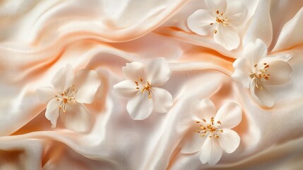 Poster - Silk fabric texture in light beige with apricot tones and delicate white floral pattern for elegant backgrounds and designs