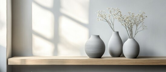 Poster - elegant ceramic vases on a wooden shelf in a minimalistic living room decor with soothing gray tones