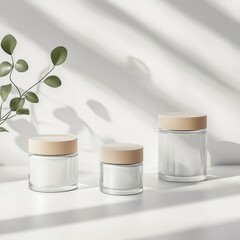 Aufkleber - Minimalist Skin Care Jars with Wooden Lids on Soft Light Background, Elegant Arrangement of Three Empty Containers for Moisturizing Lotion and Essence