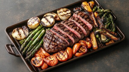 Poster - Grilled sirloin steak with colorful vegetables garnished with sauce on a rustic tray ideal for gourmet dining and culinary presentations