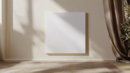 Poster - Minimalist White Canvas Frame on Wall with Natural Light and Drapes Ideal for Art Display or Home Decor Inspiration