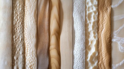 Poster - Textured wood grain samples in neutral beige and cream tones arranged horizontally for design and layout inspiration on soft background