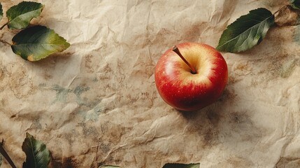 Aufkleber - Red Apple Surrounded by Green Leaves on Vintage Rustic Paper Background for Organic and Natural Food Concepts