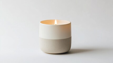 Aufkleber - Single lit candle in minimalistic ceramic holder on soft white background creating a calm and serene atmosphere for relaxation or meditation