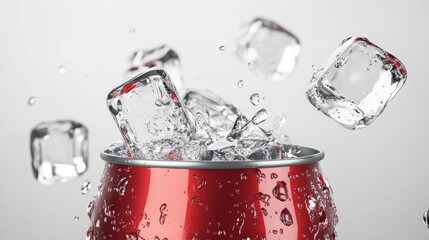 Poster - Soda can splashing with ice cubes falling in a dynamic display against a clean white background