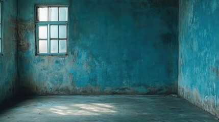 Aufkleber - Sky blue interior space featuring weathered concrete walls and floor, illuminated by natural light through two windows, conveying a sense of emptiness and potential.