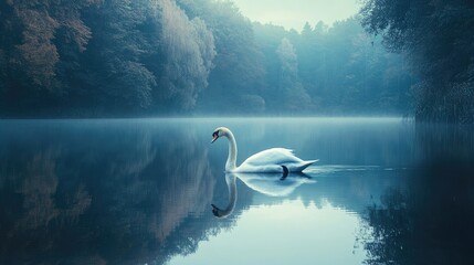 Aufkleber - serene swan gliding on calm forest lake surrounded by misty trees in tranquil early morning light