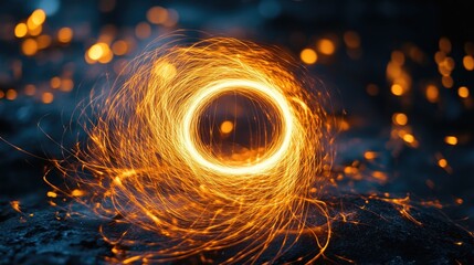 Poster - Glowing steel wool sparks creating a mesmerizing circular pattern against a dark background in a dynamic display of light and energy.