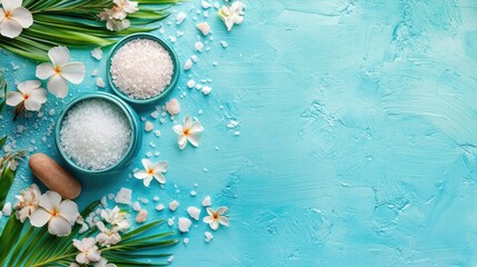 Aufkleber - Aqua Blue Spa Background with Sea Salt, Flowers, and Leaves for Relaxation and Wellness Promotions