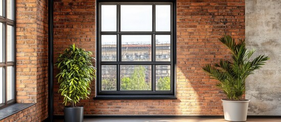 Poster - Contemporary window design framed by rustic brick wall highlighting unique architectural contrast and natural light in stylish interior space