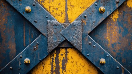 Poster - abstract steel texture featuring a blue and yellow color scheme with a weathered finish and geometri