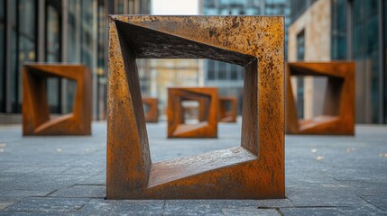 Poster - Abstract geometric steel sculptures in urban setting creating a modern artistic installation with rusted textures and intricate designs.
