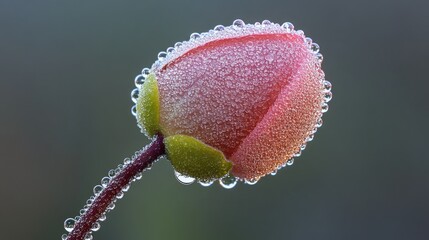 Poster - Delicate dew droplets on poppy buds glistening in the soft morning light at dawn