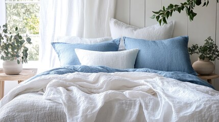 Aufkleber - Cozy Bedroom with Soft Cotton and Linen Bedding in Serene White and Blue Pastel Shades Surrounded by Greenery and Natural Light