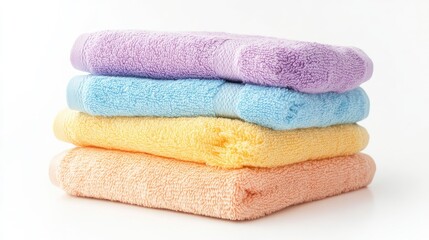 Aufkleber - Soft Pastel Towels Stacked Neatly on White Background Ideal for Relaxation Spa or Home Decor