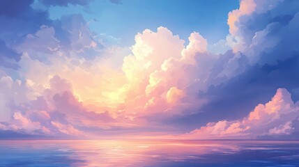 Aufkleber - Vibrant Sky Background featuring Soft Pastel Clouds Reflecting on Serene Blue Ocean Waves During Golden Hour at Dusk