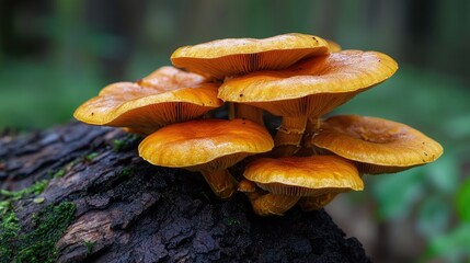Poster - Cluster of orange-brown mushrooms thriving on a mossy tree trunk in a lush forest setting showcasing nature's beauty and biodiversity.